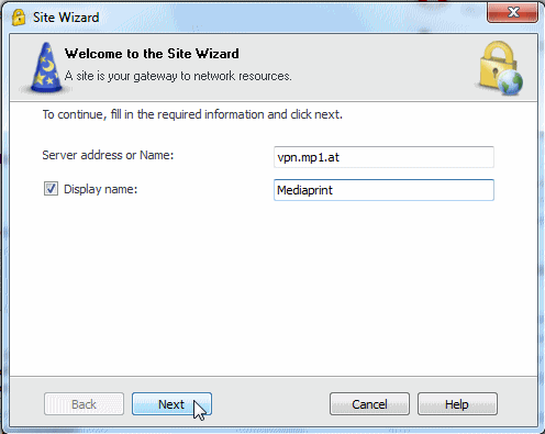 Konfiguration der Gatewaydaten im Site Wizard: Server address or name: 'vpn.mp1.at', Display name: 'Mediaprint' -> 'Next'