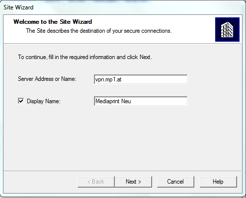 Site Wizard mit 'Server Address or name'='vpn.mp1.at' und Display Name='Mediaprint Neu' beim Fenster 'Welcome to the Site Wizard'