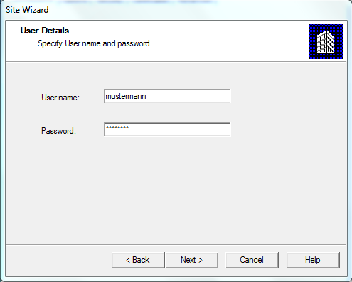 Site Wizard mit Userdetails 'User name' and 'Password' beim Fenster 'User Details'